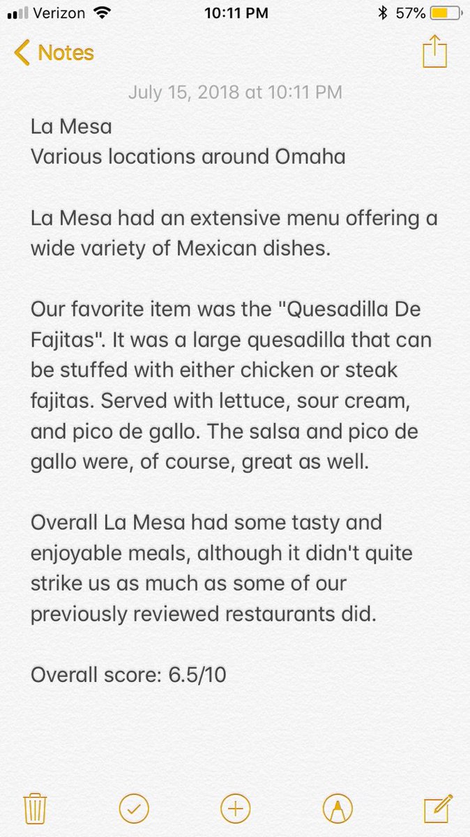 Our review of La Mesa🌮🌯
<a href="/LaMesaOmaha/">La Mesa Mex Rest</a> 
Score: 6.5/10