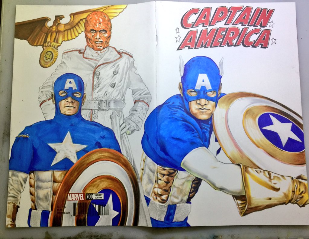 linworkman's tweet photo. Calling it a night- will work some more on my #mattsalinger #captainamerica #sketchcover tomorrow night. Have been working in #copicmarkers and will start on the jacket for #theredskull first. @Marvel #sketchcovers https://t.co/A2n2zb05f0