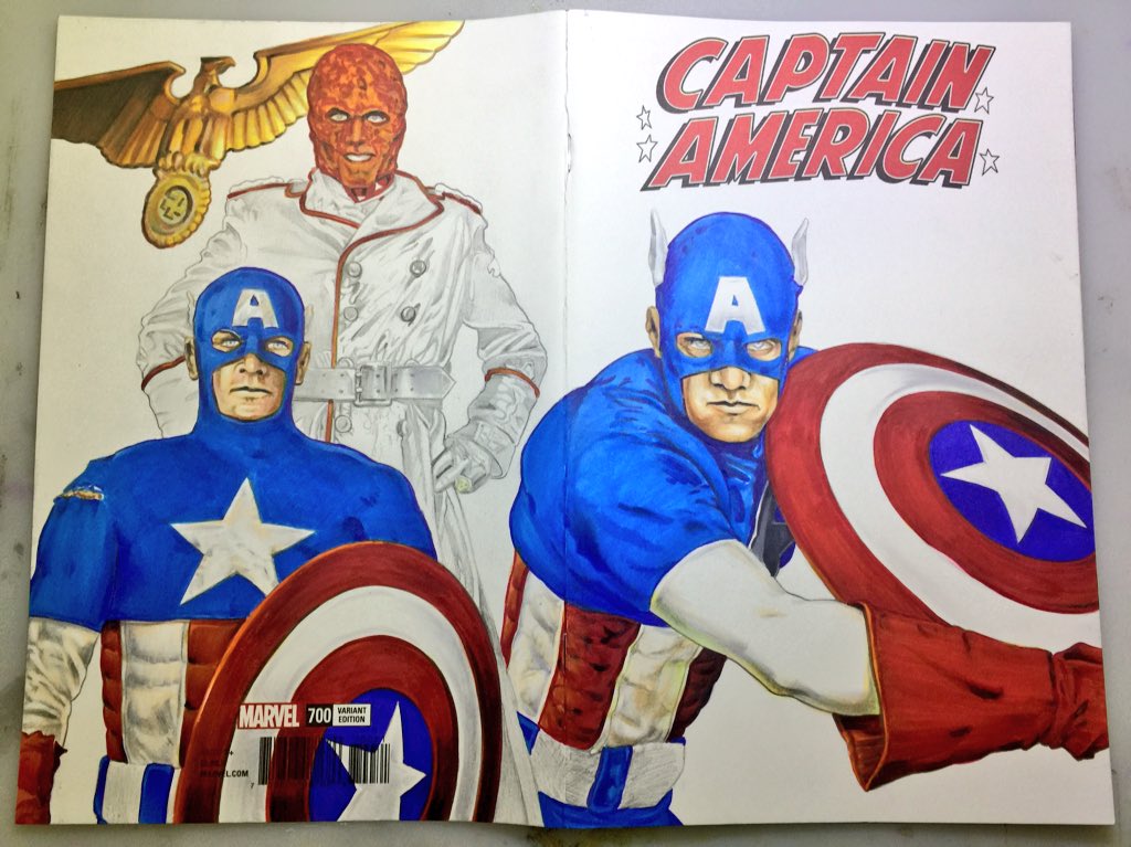 linworkman's tweet photo. Calling it a night- will work some more on my #mattsalinger #captainamerica #sketchcover tomorrow night. Have been working in #copicmarkers and will start on the jacket for #theredskull first. @Marvel #sketchcovers https://t.co/A2n2zb05f0