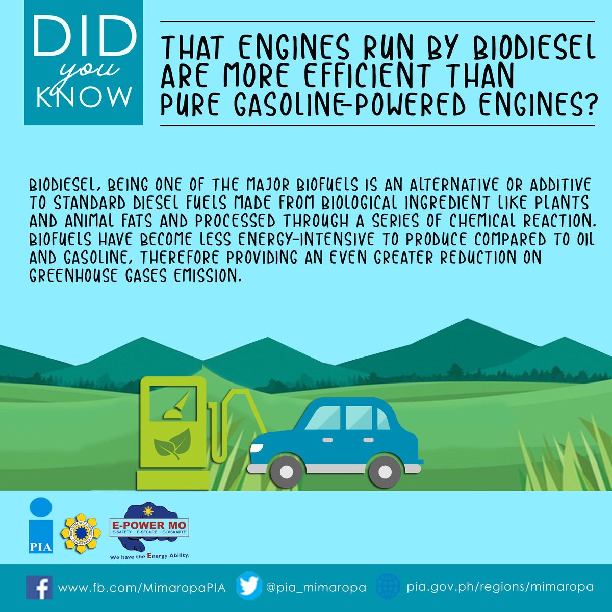 pia_mimaropa's tweet photo. DID YOU KNOW that Biodiesel is better for the environment because it is made from renewable resources and has lower emissions compared to petroleum diesel? #EPowerMo #ESafetyMo #ESecureMo #EDiskarteMo https://t.co/7p4aFIAEGj