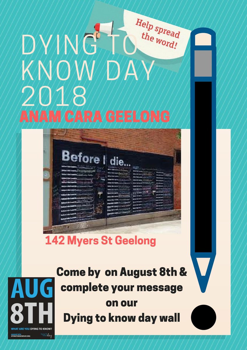 August 8th...142 Myers St <a href="/GreaterGeelong/">City of Greater Geelong</a> <a href="/Pallcarevic/">Pallcarevic</a> <a href="/Pall_Care_Aus/">Palliative Care Australia</a> @GroundSwellAus #D2KDay #hospice 

DYING TO KNOW DAY ...Before I Die Wall on Myers St.

...bringing to life conversations and community actions around death, dying and bereavement.