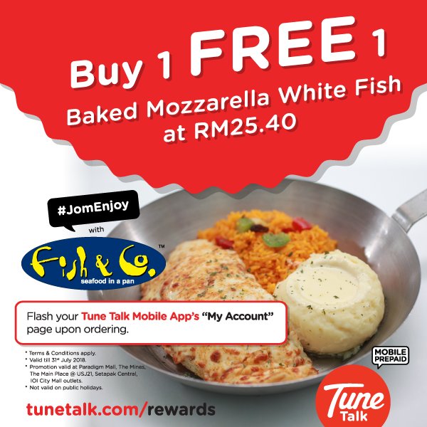 TuneTalk's tweet photo. Don't wanna eat the same thing for lunch, yet again?

#JomEnjoy Baked Mozzarella White Fish for only RM25.40 at @FishnCoMY and guess what? You'll get another one for FREE, what a deal!! 😍 Available at selected outlets, click on this link for more info: https://t.co/aq6X7g9p1F https://t.co/rrJfVUbgPA