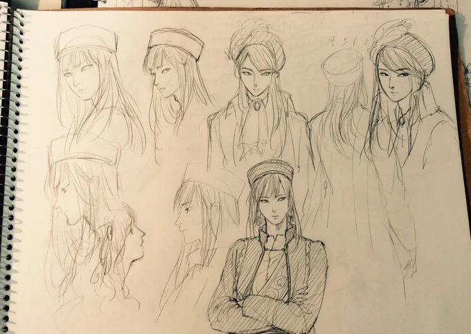 クロッキー帳整理してたら出て来た落書きたち ①バセスカの描き方を模索していたもの ②③中途半端なところで止まっている小田ナイルキア(と加賀サリオ/似ない) 