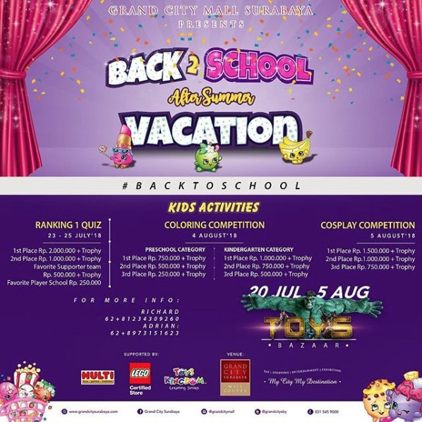 It’s Back to School time at <a href="/GrandCitySBY/">Grand City Surabaya</a> Mall 🤗 Jangan lewatkan acara &amp; kegiatan seru ini ya! Ada Ranking 1 Competition, Coloring Competition &amp; Cosplay Competition selain itu ada Toy’s Bazaar juga loh! See you at <a href="/GrandCitySBY/">Grand City Surabaya</a> #mygrandcity #promo #Surabaya #UpdateEvent