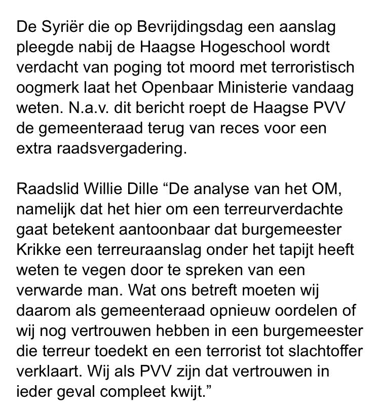 IvarLingen's tweet image. Haagse PVV roept gemeenteraad terug van reces. Malek F., de 32-jarige Syriër die op Bevrijdingsdag drie mensen neerstak voor de Haagse Hogeschool, wordt verdacht van bedreiging en poging tot moord met terroristisch oogmerk.