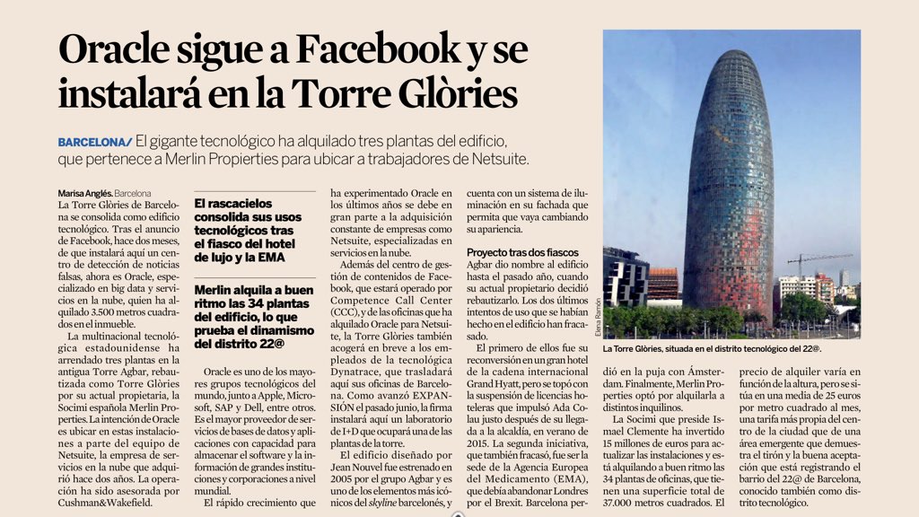 agenersurrell's tweet photo. Oracle NetSuite se instalará en #TorreGlòries
La Torre se está llenando con empresas de la industria digital y tecnológica, que buscan contratar talento local e internacional
Por @marisaangles @expansioncom https://t.co/cToxl3VeOH