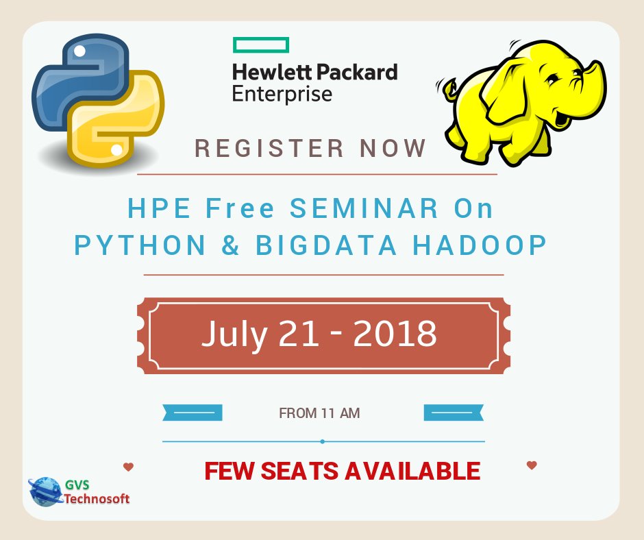 GVS_technosoft's tweet photo. #HPESEMINAR
Get Ready for a FREE Seminar on Python and BigData Hadoop from HPE Industry expert trainers. 
Location: Hyderabad
Book your Seat: https://t.co/XfhA74XEzJ
Contact us: +91 9122 48 48 48
#Python #BigData #Hadoop #DataScience #HPE #ML #AI #IoT #Seminar #MondayMotivation https://t.co/KrRtvTfFKd