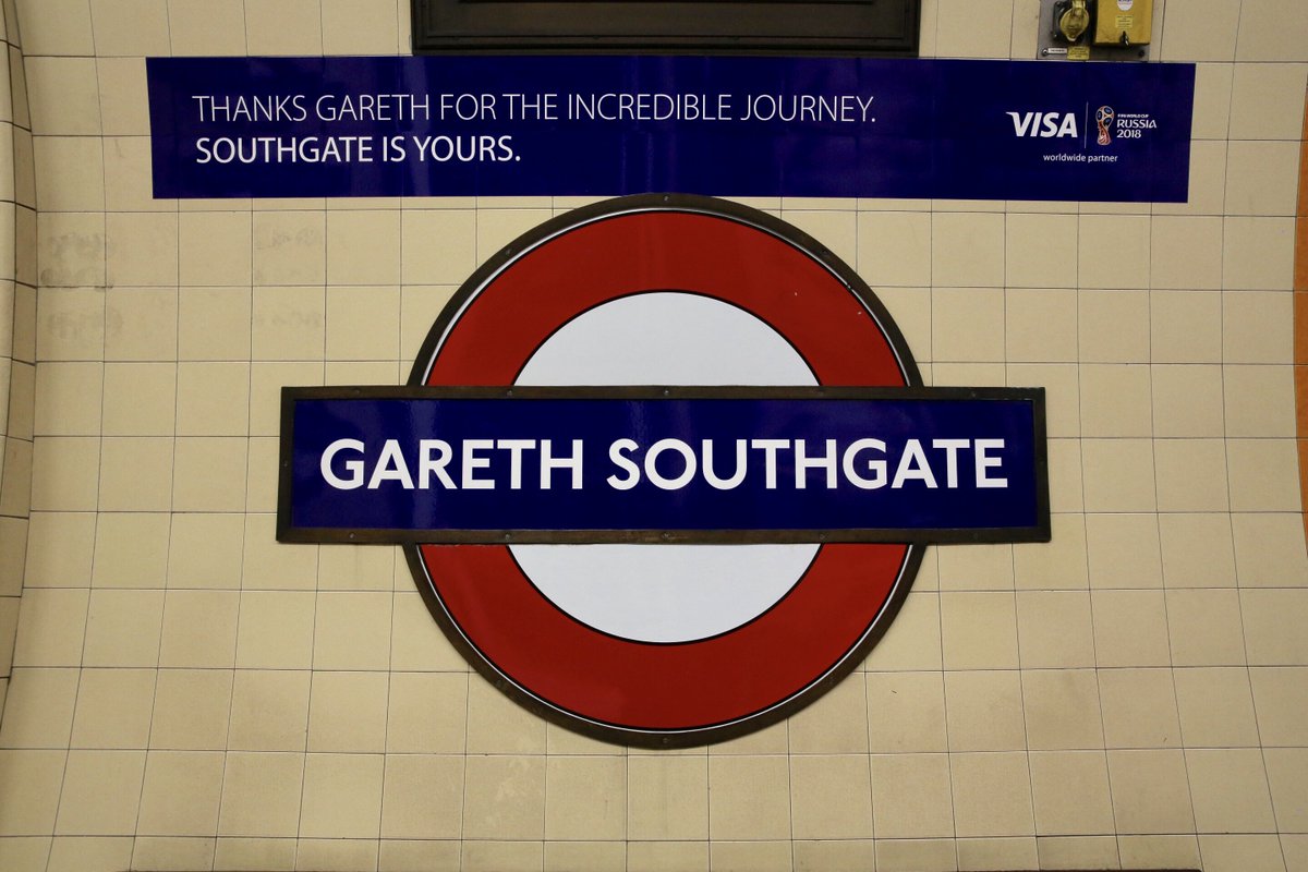 TfL's tweet image. Next stop - Gareth Southgate! To celebrate the achievements of the @england men's football team this summer, TfL &amp;amp; @VisaUK have temporarily renamed Southgate station on the @piccadillyline. Why not come down and post a #SouthgateSelfie
