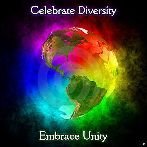 Earth glowing with rainbow multicolors: 
above: Celebrate Diversity, below: Embrace Unity