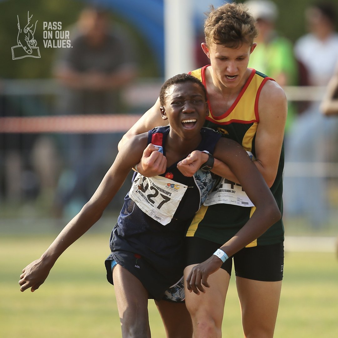 SAReserveBank's tweet image. At the SA Cross-Country champs 17-year-old Ronen Oosthuizen gave up his place to help fellow athlete Mpho Mitchell cross the line. Let’s celebrate Madiba’s 100th birthday by remembering the values that live within us all. #TheMadibaInMe
