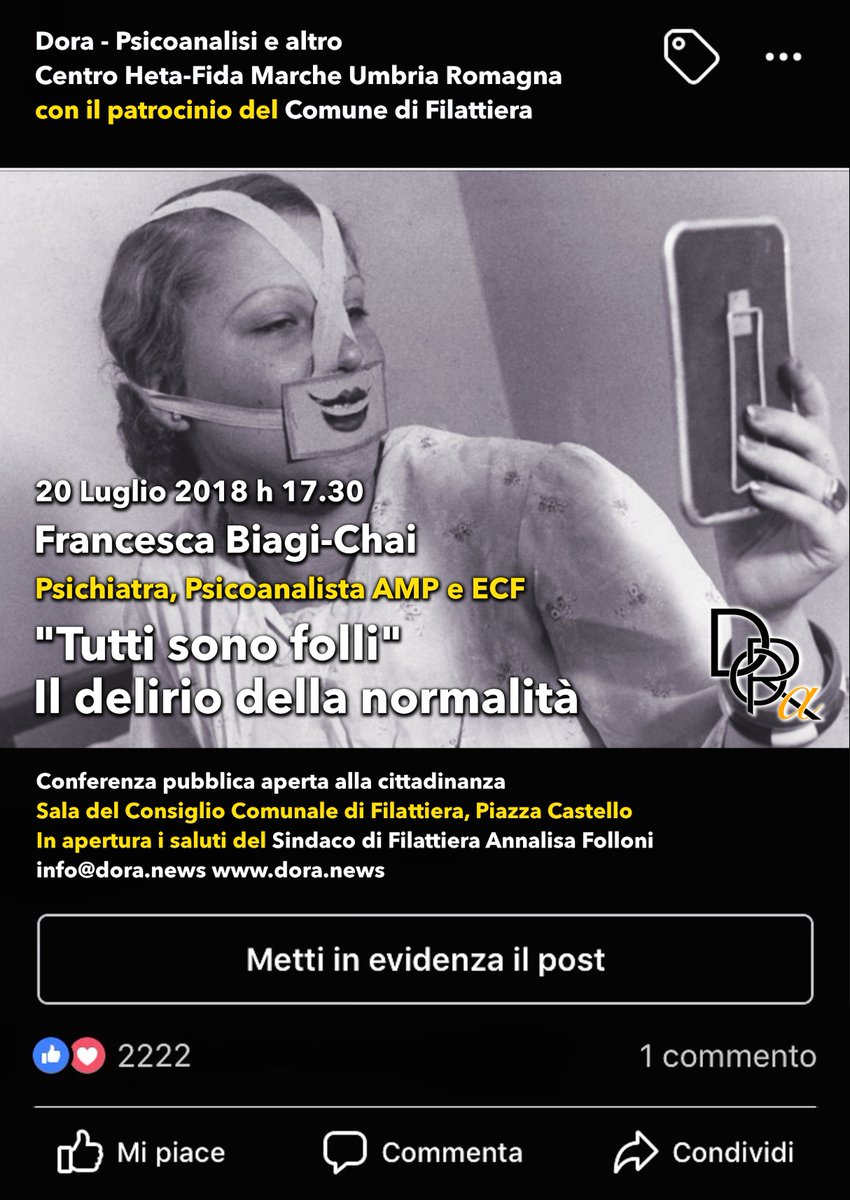 areapsy's tweet photo. #Filattiera 
venerdì 20 luglio #2o18
@CescaBC 
"Tutti sono folli" il delirio della normalità 
+ #DoraNews 
cc @istfreudiano @SLP_cf @ECF_AMP https://t.co/9A52PqPnYo