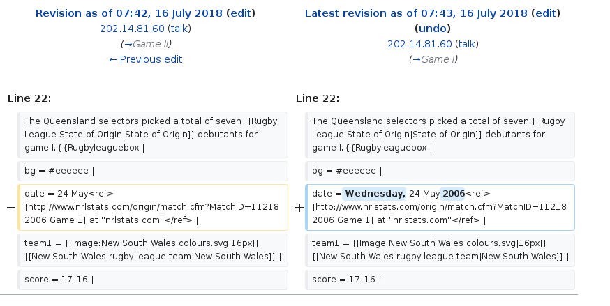 AussieParlEdits's tweet photo. 2006 State of Origin serie Wikipedia article edited anonymously from Australian Department of Parliamentary Services https://t.co/hmb5B4NwmG https://t.co/jn1ay1OECe