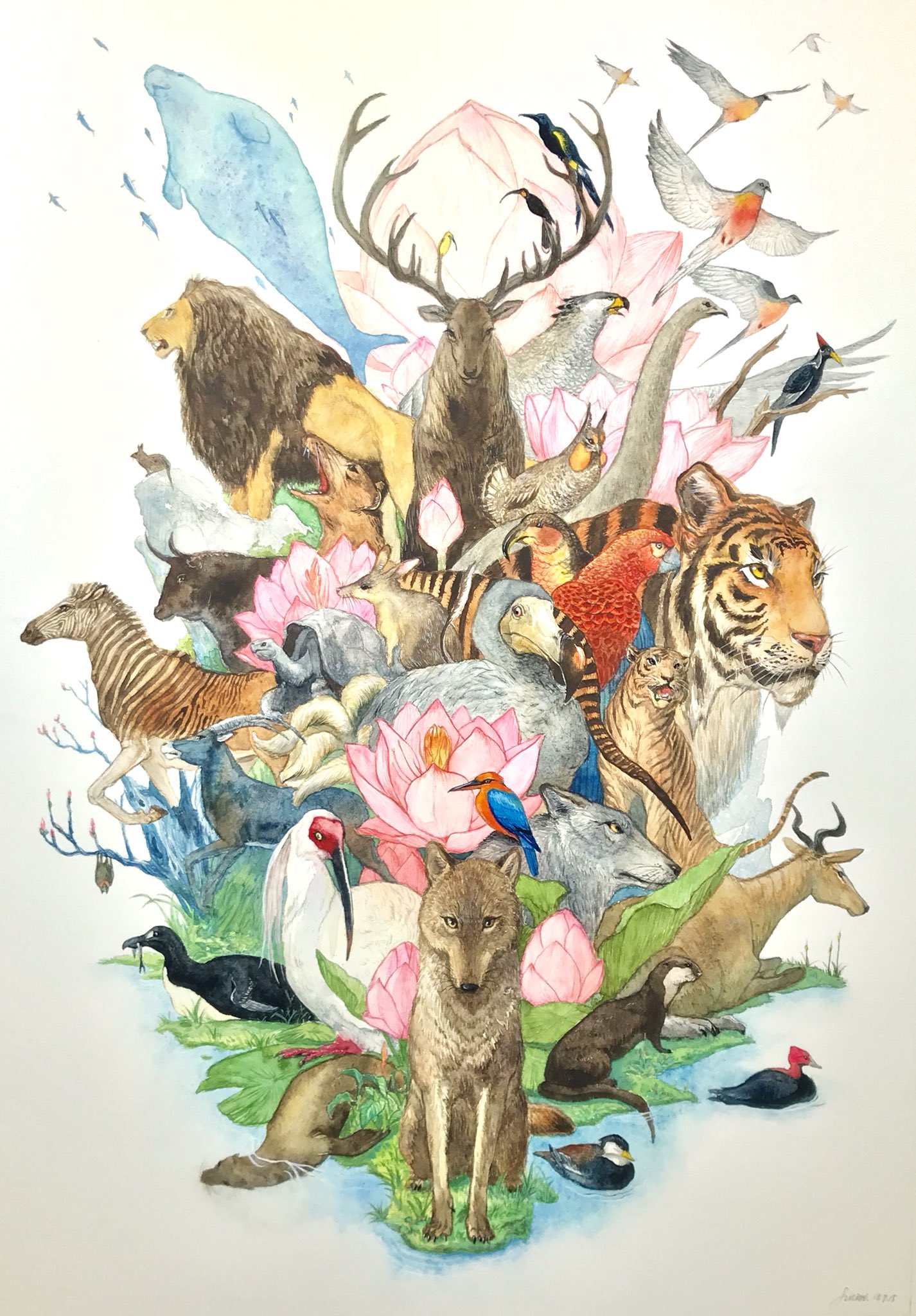 絵画　水彩画　額装品　動物画 青サイ】ペン画/水彩画/水彩/アート/動物/絵/サイ 絵画 moriwaki