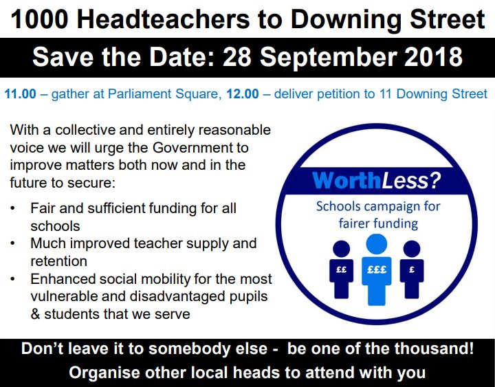 Worried about schools funding; even more worried that you won't be able to fund the pay rise school staff so desperately need? 
Here's a date - 28/09/18 at 11 am in Parliament Square - RTs particularly welcome :-)