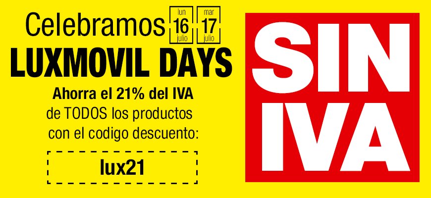 luxmovil's tweet photo. Hoy y mañana, celebramos Luxmovil Days, te descontamos el IVA en todos los productos (pedidos >6€) utiliza el código descuento: lux21
https://t.co/5wTLNQRQcs #rebajas #OFERTAS #luxmovildays #diasinIVA #luxmovil https://t.co/bxlsbvgdpv
