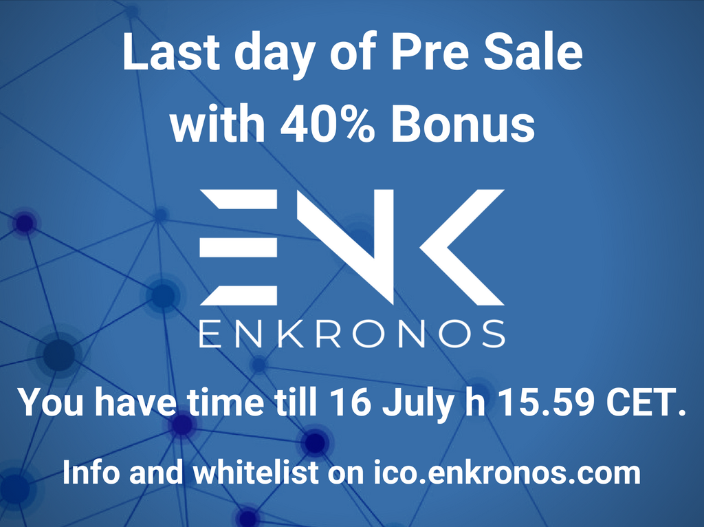 enkronos's tweet photo. ** Today is the Last day of Pre Sale with 40% Bonus **

You have time till 16 July h 15.59 CET.

Info and whitelist on https://t.co/0puzxUazPb

#AI #AR #IoT #blockchain #ICO #TGE #ENKronos #tokens #TokenSale https://t.co/ZjCQpYPpqr
