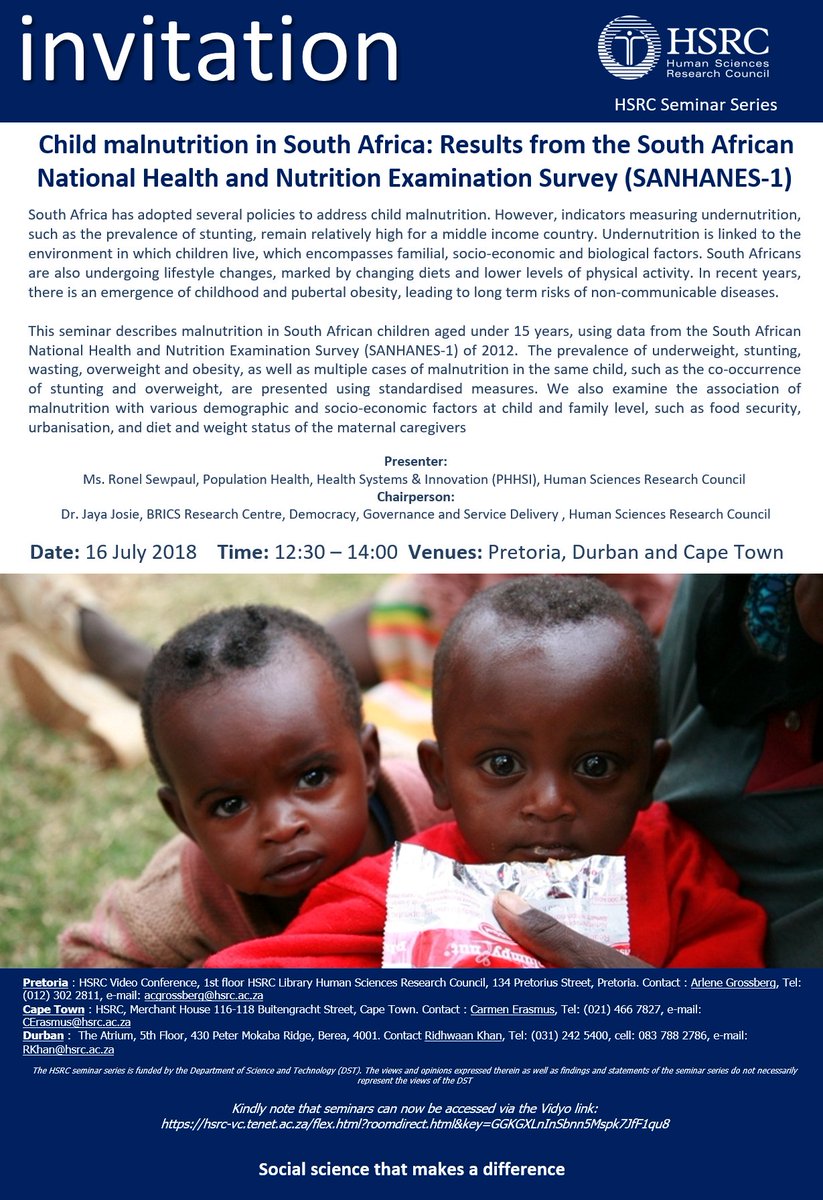 Join us at 12.30 for this important seminar on #child #malnutrition <a href="/DsdNews/">Dept of Social Dev</a> #SANHANES @HSRC_DGSD <a href="/HSRCza/">HSRC.ac.za</a>