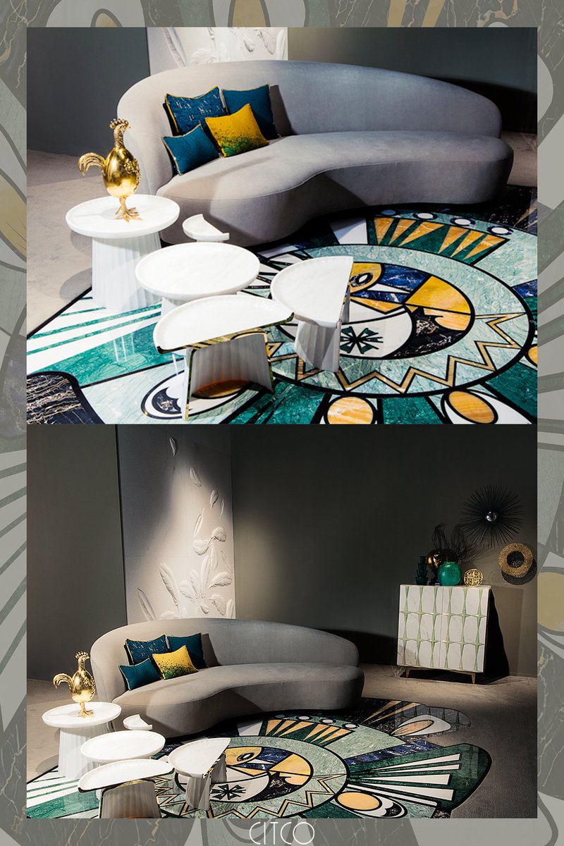 The outward flowing pattern of the shaped #marble carpet evokes the eye of a #peacock; the zoomorphical allusions are reinforced by alternating warm and cool colours.