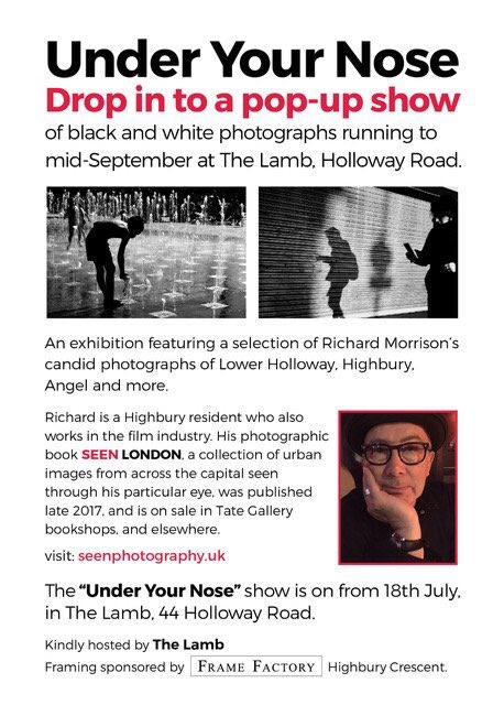 SeenLondonPhoto's tweet image. Drop in to the @thelambpub, 54 #Holloway Road #N7 from the 18th July through to mid-September to see #RichardMorrison’s #UnderYourNose #exhibition of #blackandwhitephotography - #AMUSTVISIT in London. @morrisonstudio Books also available to buy! Visit seenphotography.uk