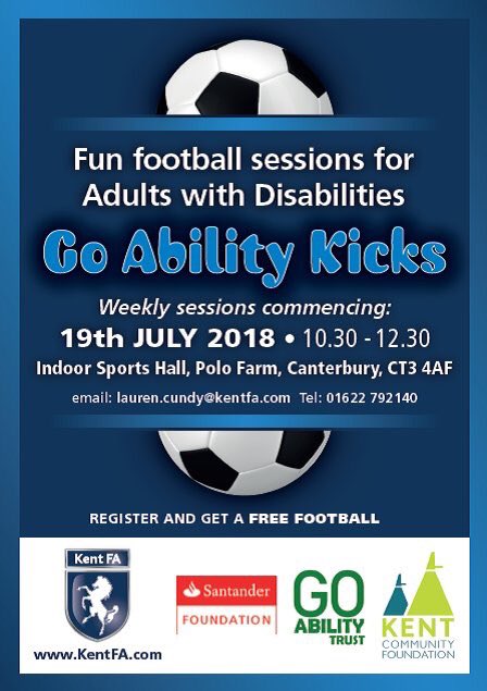 🚨New Disability Football Sessions 🚨 
⚽️ ’@GoAbility Kicks’
Football for Disabled Adults

🗓️Starting 19th July 2018
📍At @pfarmsportsclub , Indoor Sports Hall, Canterbury
⏱️ 10.30 – 12.30
💰FREE

📩Contact Lauren.Cundy@KentFA.com for more information