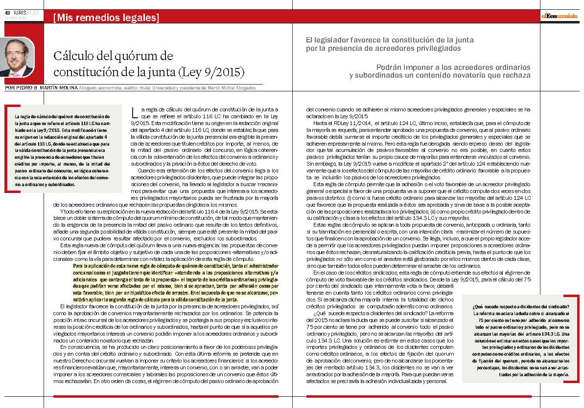 Nuevo artículo de Pedro Martín Molina <a href="/M_M_Abogados/">Grupo Martín Molina</a> en la revista <a href="/Ecoley_Iuris/">Ecoley</a> "Cálculo del quórum de  constitución de la junta (Ley 9/2015)" eleconomista.es/legislacion/no… vía <a href="/elEconomistaes/">elEconomista.es</a>
