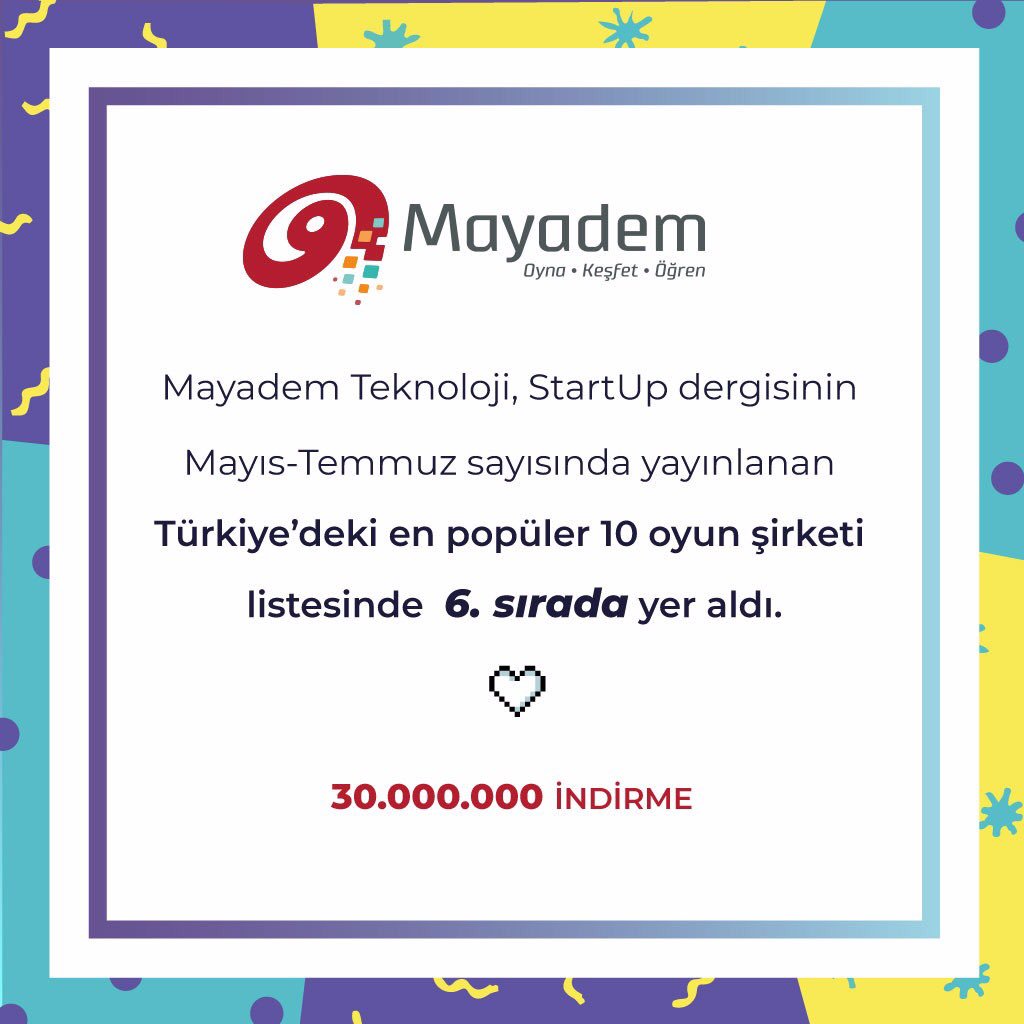 mayademdigital's tweet photo. Mayadem Teknoloji, StartUp dergisinin Mayıs-Temmuz sayısında yayınladığı Türkiye'deki en popüler 10 oyun şirketi sıralamasında ilk 10 içerisinde yer aldı. 🎉 https://t.co/RDPRfJd2mf