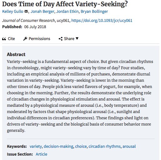 Why are we fine eating the same breakfast everyday, but want a different dinner? We crave more variety as the day progresses (by Gullo, <a href="/j1berger/">jonah berger</a>, Etkin, &amp; Bollinger). academic.oup.com/jcr/advance-ar…