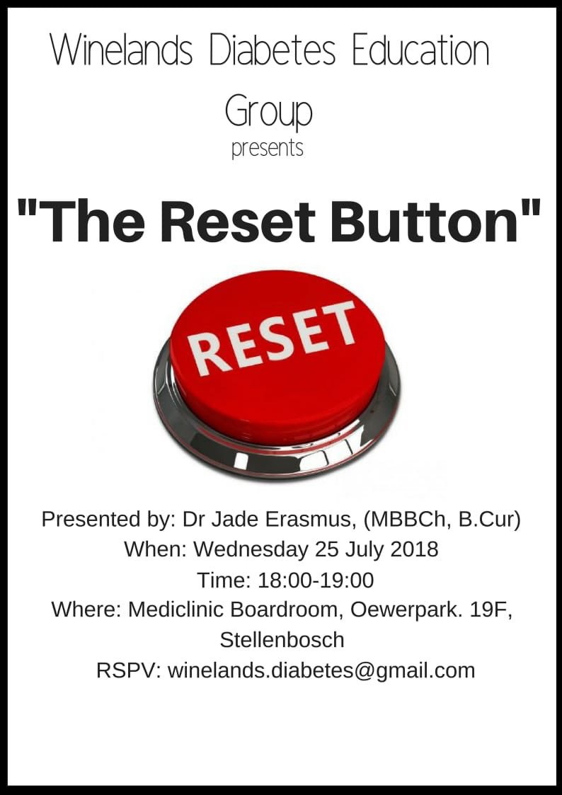 WDEG_Diabetes's tweet photo. Join us on 25 July for our talk with Dr Jade Erasmus as she pushes ‘The Reset Button’ on #diabetes by going back to basics about how your body processes sugar and to help you decide what is the best management strategy to use. #t1d #t2d #diabeteseducation #diabetessouthafrica https://t.co/kTLU7yvIXz