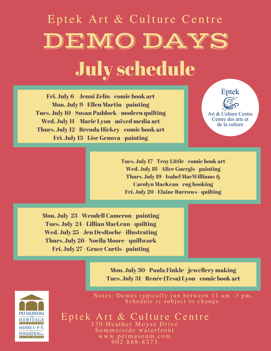 EptekCentre's tweet photo. Wondering what's happening at @EptekCentre these days? There's a comic book art exhibit with Island comic book artists and we have art or craft demos on weekdays through July and August. #PEIMuseum #LiveArt https://t.co/fCUYpdDuJ8