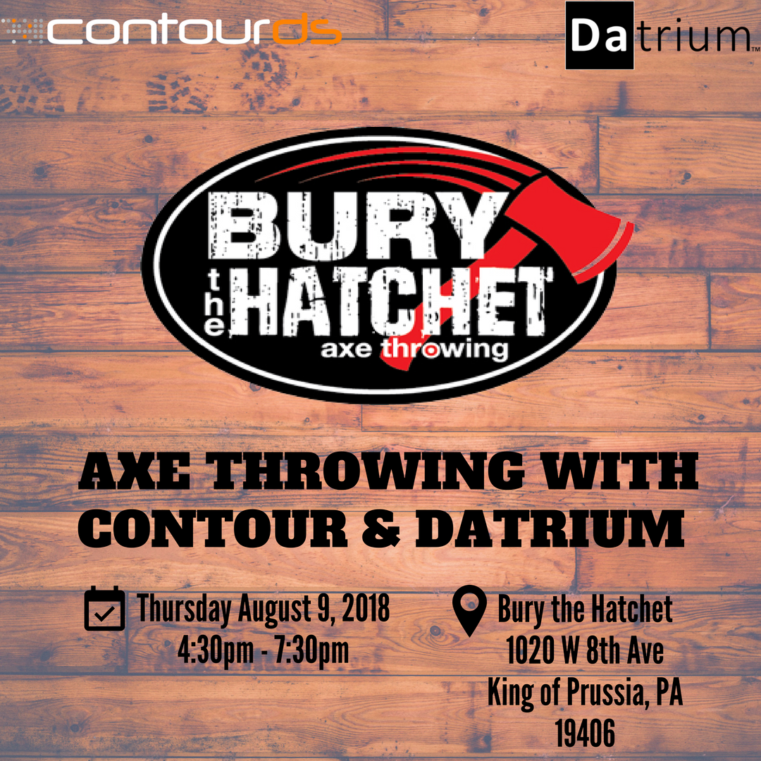 contourds's tweet photo. Come chuck some axes with Contour and Datrium! REGISTER TODAY and join us on 8/9 at Bury the Hatchet in King of Prussia, PA.  #ContourDataSolutions #ContourCulture #Datrium #BurytheHatchet https://t.co/5Pdh31XYyO