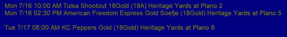 catcher2019's tweet photo. Rock Gold 18U Waye Schedule for 2018 USA SOFTBALL GOLD National Championships Pool Play July 16-21 @RiderSBCoach @SoftballRider 

Field Location
Heritage Yards at Plano
4525 Hedgcoxe Rd
Plano, Texas 75024 https://t.co/YW51ZleXve