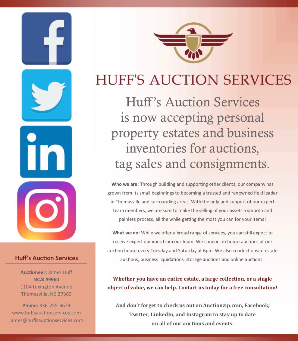 HuffsAuctions's tweet photo. North Carolinian's contact us today if you need help selling your personal or business property. We are here to help you get the best price for your items and can take on any job, big or small! #auction #tagsale #estateauction #consignments #estatesale #northcarolina #nc https://t.co/KxLLZVtGAG