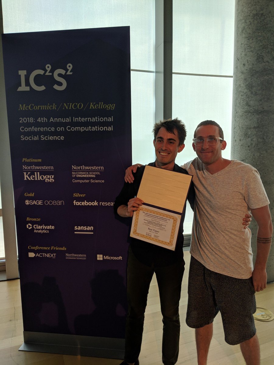 Congratulations to @joshua_a_becker @DzGuilbeault and Damon Centola for winning the 'Best Paper' award at the 2018 @IC2S2 conference!! 

#ComputationalSocialScience #socialscience #IC2S2