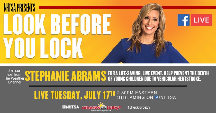 Heat kills in hot cars. Join us LIVE tomorrow at 2:30pm ET with <a href="/weatherchannel/">The Weather Channel</a> and <a href="/stephanieabrams/">Stephanie Abrams</a> for “Look Before You Lock LIVE” and learn how to save little ones from deadly hot cars. #checkforbaby #heatstrokekills