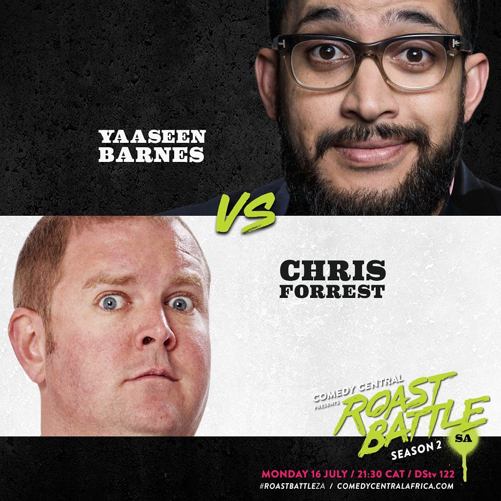 PGComicsSA's tweet photo. Don't miss the @ComedyCentralAF Roast Battle tonight when @ChrisForrestSA goes head to head with @Ya_a_seen_Him!
#pgcomics #comedycentral #roastbattleza https://t.co/yusi7nrqBO