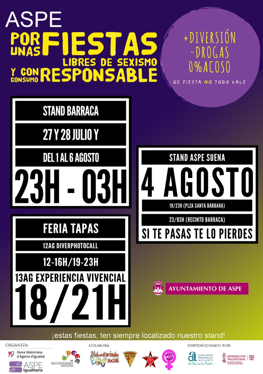 #Sanidad, #Mujer e #Igualdad de #Aspe lanzan la campaña “De fiesta no todo vale” “+ Diversión – Drogas, 0% Acoso”.

El objetivo es prevenir y promover unas fiestas saludables dentro del  respeto durante las próximas fiestas patronales de agosto.

INFO: bit.ly/2mkcOTq