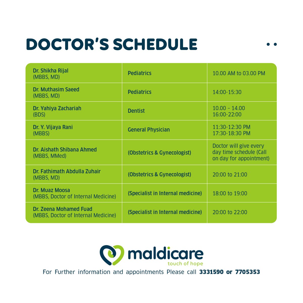 maldicare's tweet photo. Doctors schedule for the day. please book appointments early as possible.
#Stayhealthy #maldicare #wecare #doctorslist https://t.co/M4IzP4gtNZ