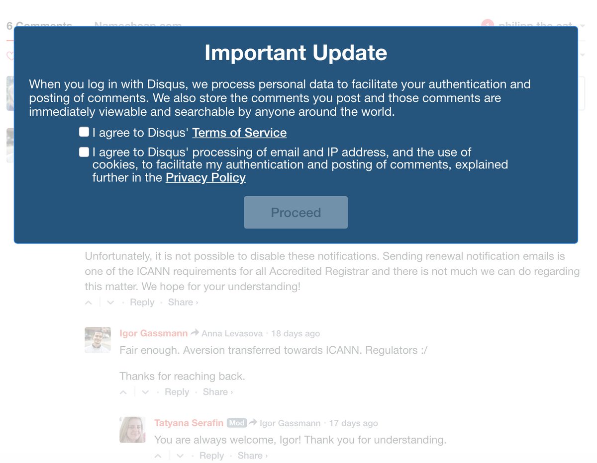 PhilippTheCatTV's tweet photo. really @disqus? You violate the #GDPR by requiring opt-in, invade our #privacy and pretend that analytics are business critical, AND you disable the comment embed unless you agree to the terms.

#privacyinvasion #darkpattern @darkpatterns https://t.co/mNw5D79dyp
