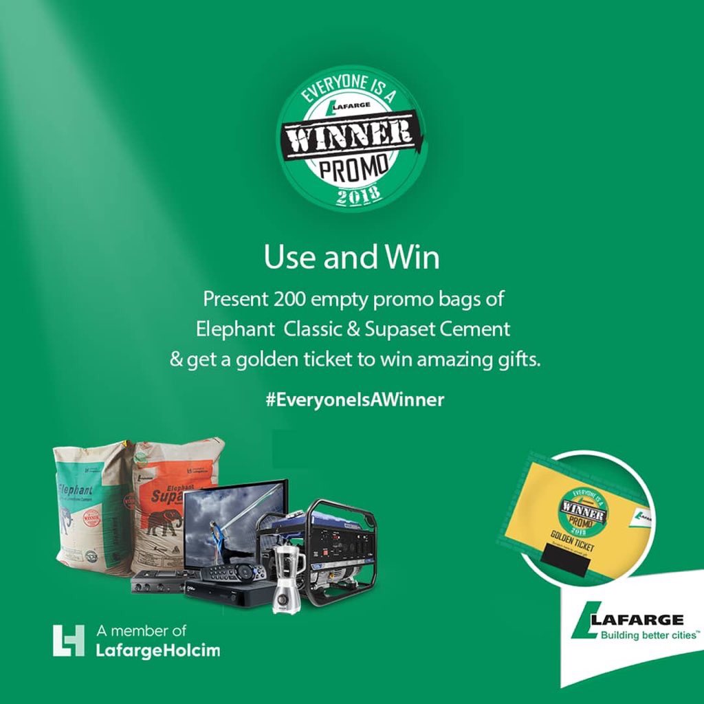 HBMNigeria's tweet photo. Our #EveryoneIsAWinner promo is still on! Present 200 empty promo bags of Elephant Classic and Supaset cement at our designated redemption centres. Learn more https://t.co/1j5V6KmPvN  #LafargeAfrica https://t.co/yG5FRBzzgq