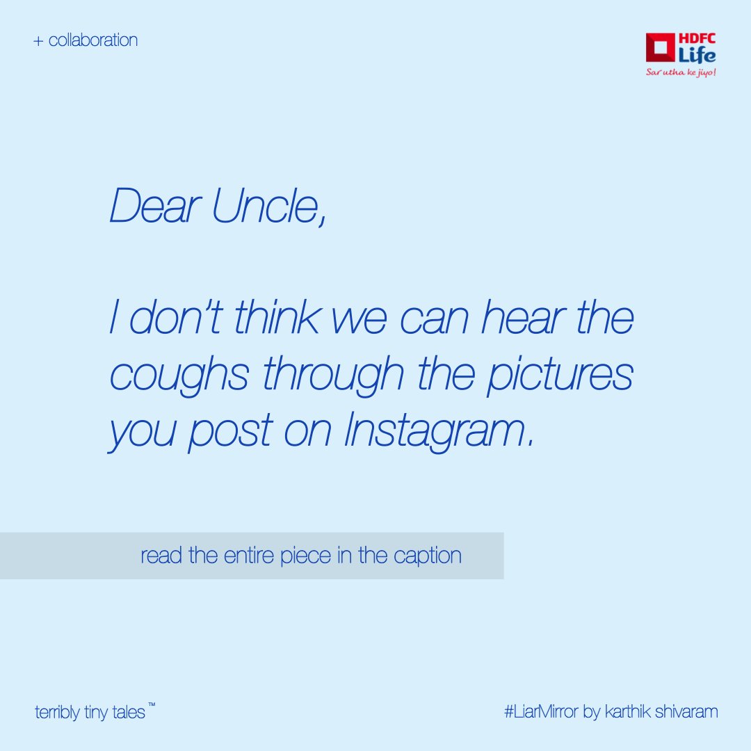 terriblytiny's tweet photo. Karthik Shivaram writes a #Collaboration [ open letter ] 'DEAR UNCLE'

https://t.co/HRq218on5l

With HDFC Life (@hdfclife), we urge you to pay attention to them, so that no matter what life throws at you, you're always ready to fight.

It's time to shun the #LiarMirror

#Monday https://t.co/AnTNndgIUl