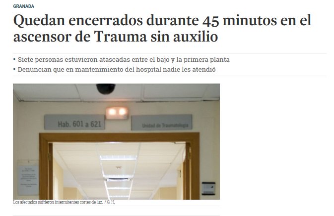 7 personas se quedan atascadas en un ascensor en el hospital de Traumatología y el hospital no responde a su llamada de socorro hasta después de 45 minutos. Denuncian que el hospital estaba "desatendido" #Granada  granadahoy.com/granada/Quedan…
