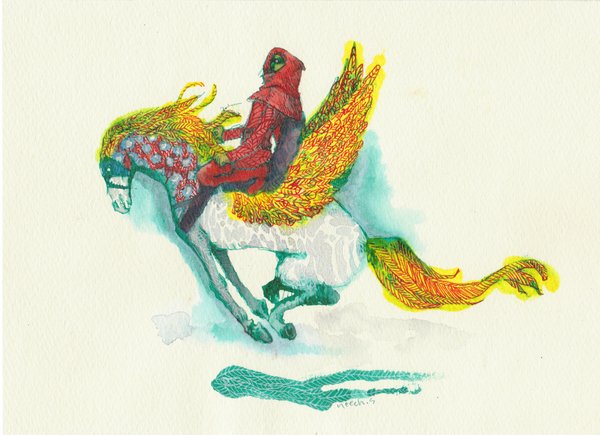 Art Meter アートメーター Auf Twitter 赤い服と金の羽の馬 ニーチさとう 童画風のイラストです カラーインクで描いています 余白もあるので 額などに入れて飾るといい雰囲気になりそうです 人物 動物 空想 幻想 イラスト こども部屋 馬 童画 アート