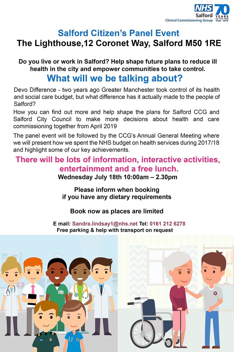 Are you coming to our #Citizen &amp; #Patient panel on Wednesday? If not, there's still time to book on and have your voice heard about #health and #Social #care in #Salford. See the poster for more details and click here to find out more - socsi.in/22g1r