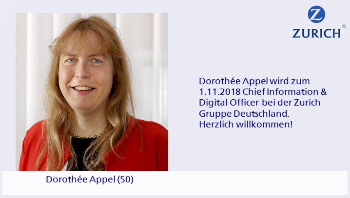 zurich_de's tweet photo. Wir heißen Dorothée Appel herzlich willkommen. Zum 1. Nov 2018 wird sie die @zurich_de als neuer Chief Information &amp; Digital Officer verstärken. Mehr Infos im Zurich Newsroom: https://t.co/JmpebaT7qL   #ZStrategy https://t.co/PeomstgcRR