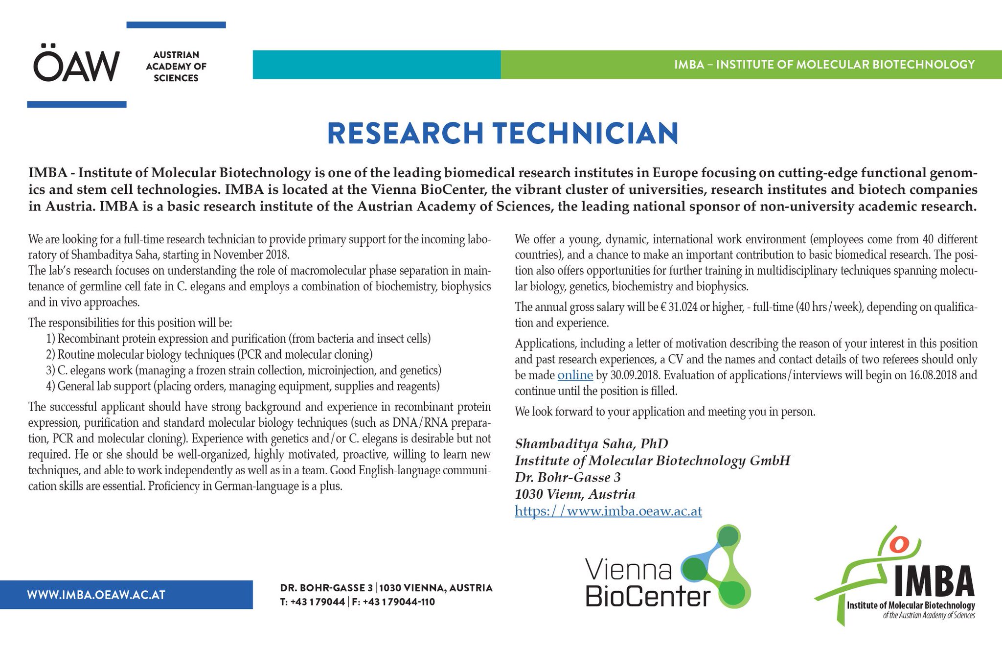Imba On Twitter Interested In C Elegans We Are Looking For A Full Time Researchtechnician To Provide Primary Support For The Incoming Laboratory Of Shambiditya Saha Starting In November 2018 Apply Now Https T Co Y5xyzuaqhu