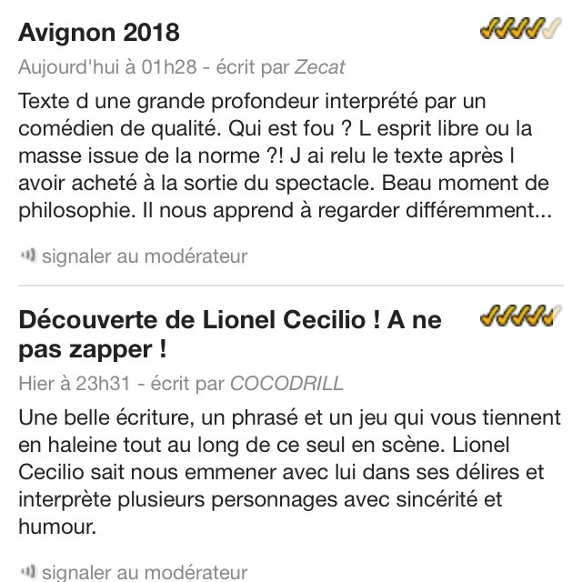 LionelCecilio's tweet image. Deux nouvelles (très belles!) critiques sur BilletReduc pour @vmfou au @avignonleoff 
Merci !!! 
#vmfou #off18 #avignonleoff #avignon #festival #theatre #spectacle #heureux #merci #boucheaoreille #viral #billetreduc #happy
