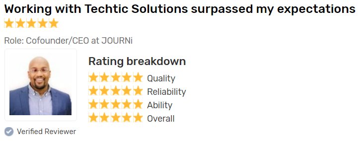 Goodfirms's tweet image. &quot;Working with Techtic Solutions surpassed my expectations&quot; - Client review for @TechticSolution 

#GoodFirms #GoodFirmsReview #WebDevelopment

Read detailed review here:
bit.ly/2zJD4QS