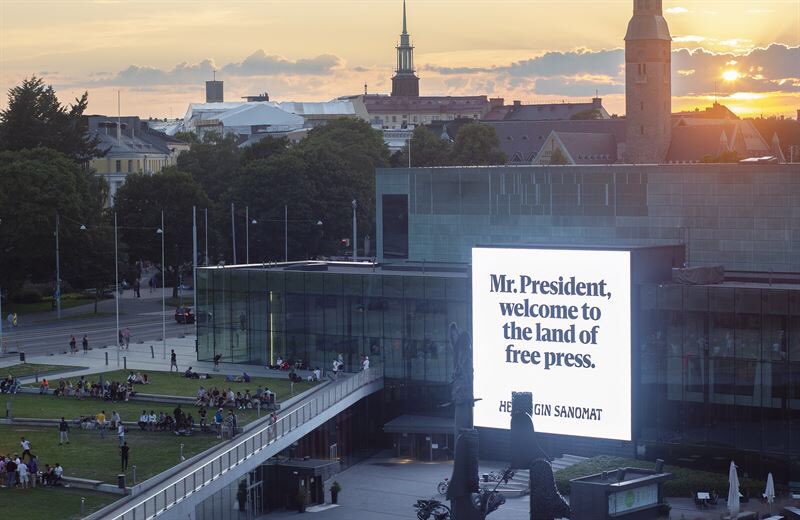EdKrassen's tweet photo. This is how Helsinki, Finland is welcoming President Trump as he is set to meet with Russian President Putin.

"Mr. President, welcome to the land of free press"
#TreasonSummit #HelsinkiSummit https://t.co/o89mD1qJSD