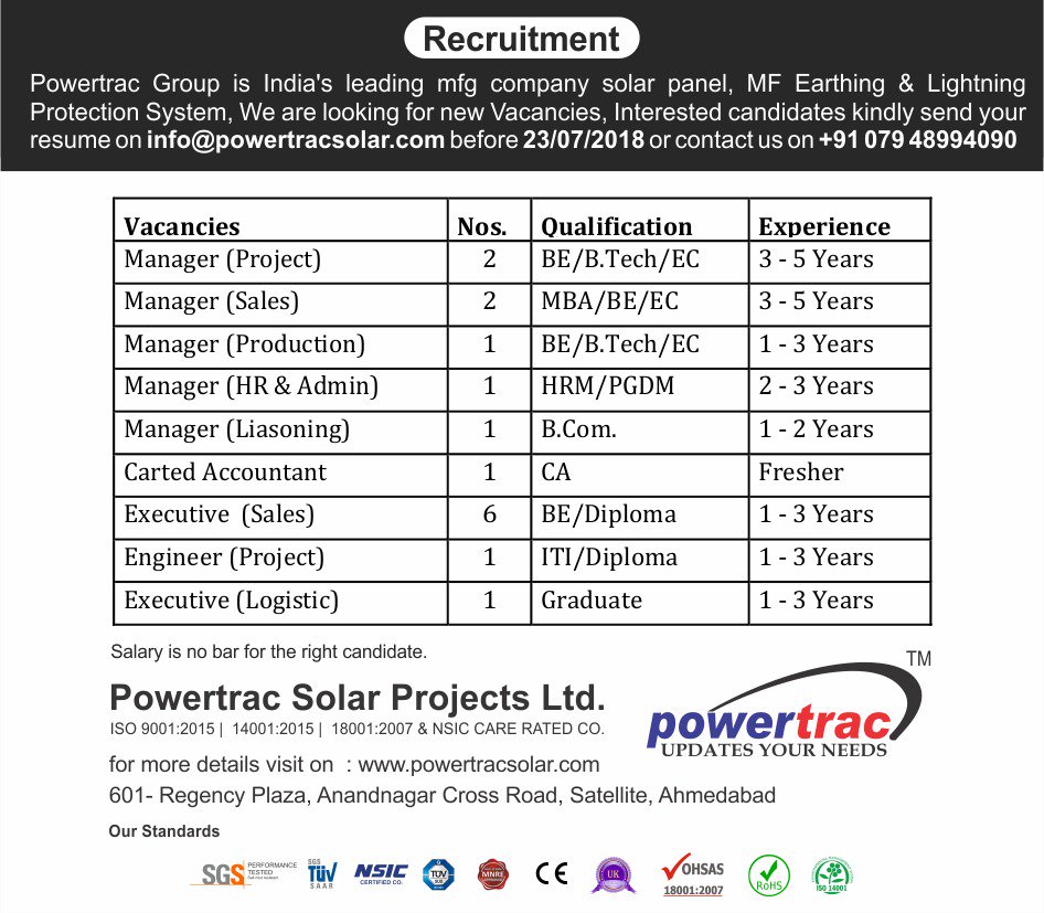 KPowertrac's tweet photo. New recruitment in pwertrac solar project ltd send resume info@powertracsolar.com https://t.co/nSkwtxksRL