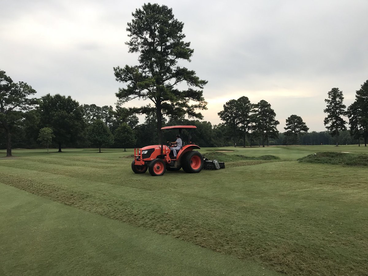 IHCCGreenkeeper's tweet photo. Busy menu of activities for #MaintenanceMonday. Using the @1stproducts UA-60 AERA-vator in high traffic areas, spinning bunker floors, PRR Preventive on greens, &amp; more. #CGCturf https://t.co/sSvAImVWD5